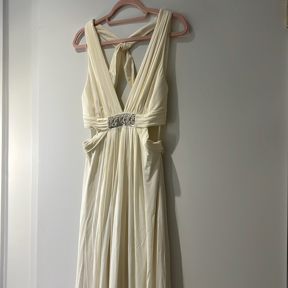 BCBGMaxAzria Cream Pleated Halter Gown